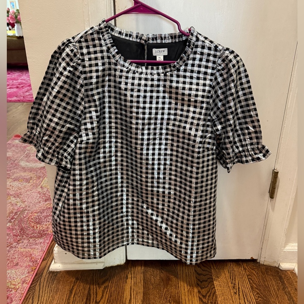 NWT silver shimmer and black gingham top